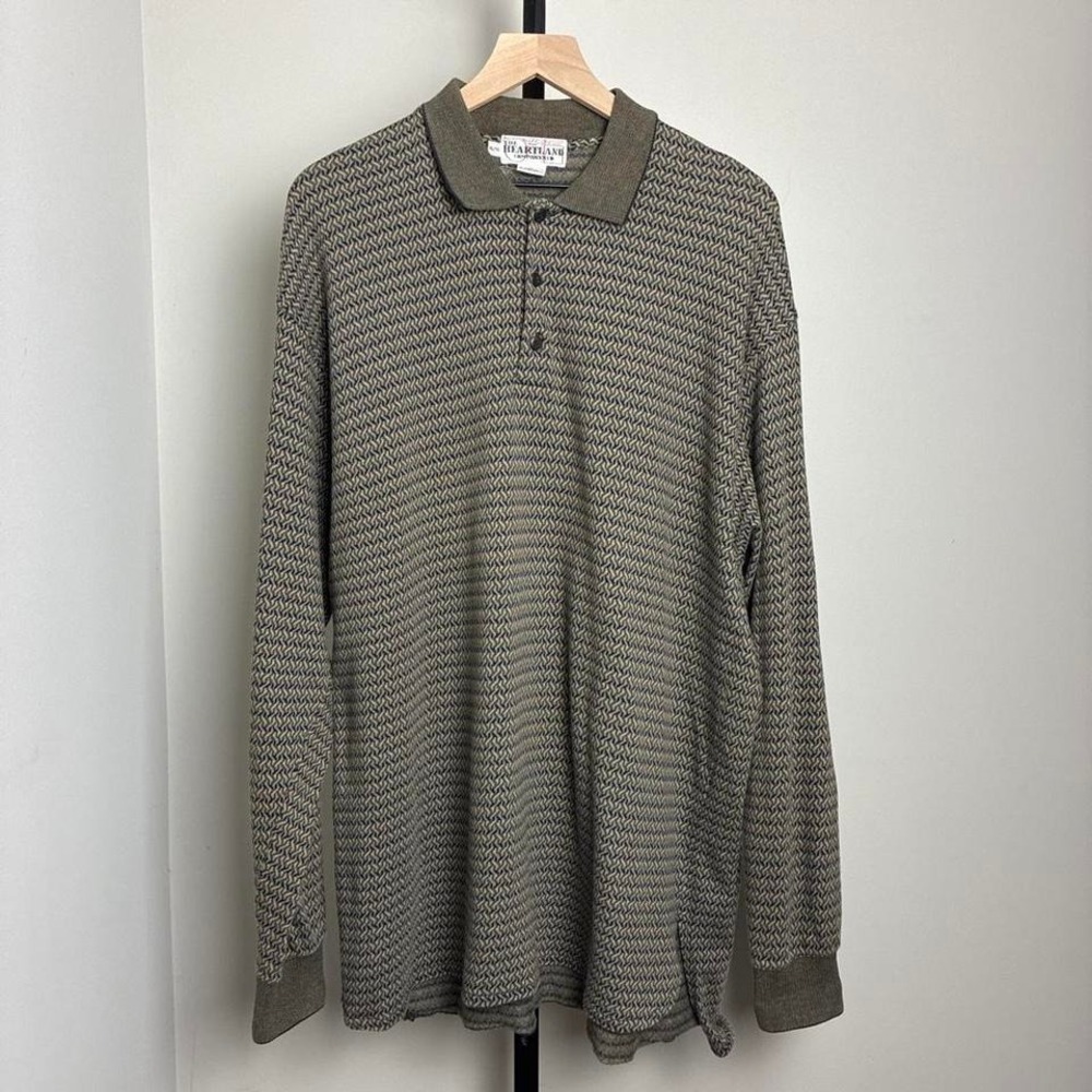 Vintage 90's The Heartland Company Olive Green Pattern Long Sleeve Polo Shirt XL